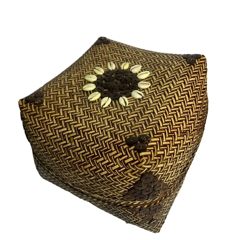 Square Chunky Hand Woven Nesting Baskets Shell & Button Lid Storage Boho Coastal